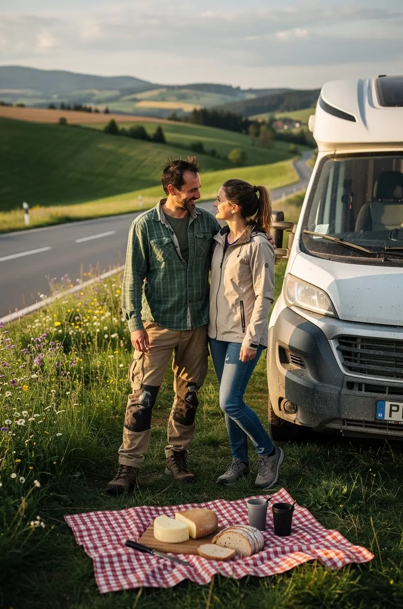 Close-up of a driver consulting a travel handbook focused on Slovakia’s key driving routes and stop recommendations.