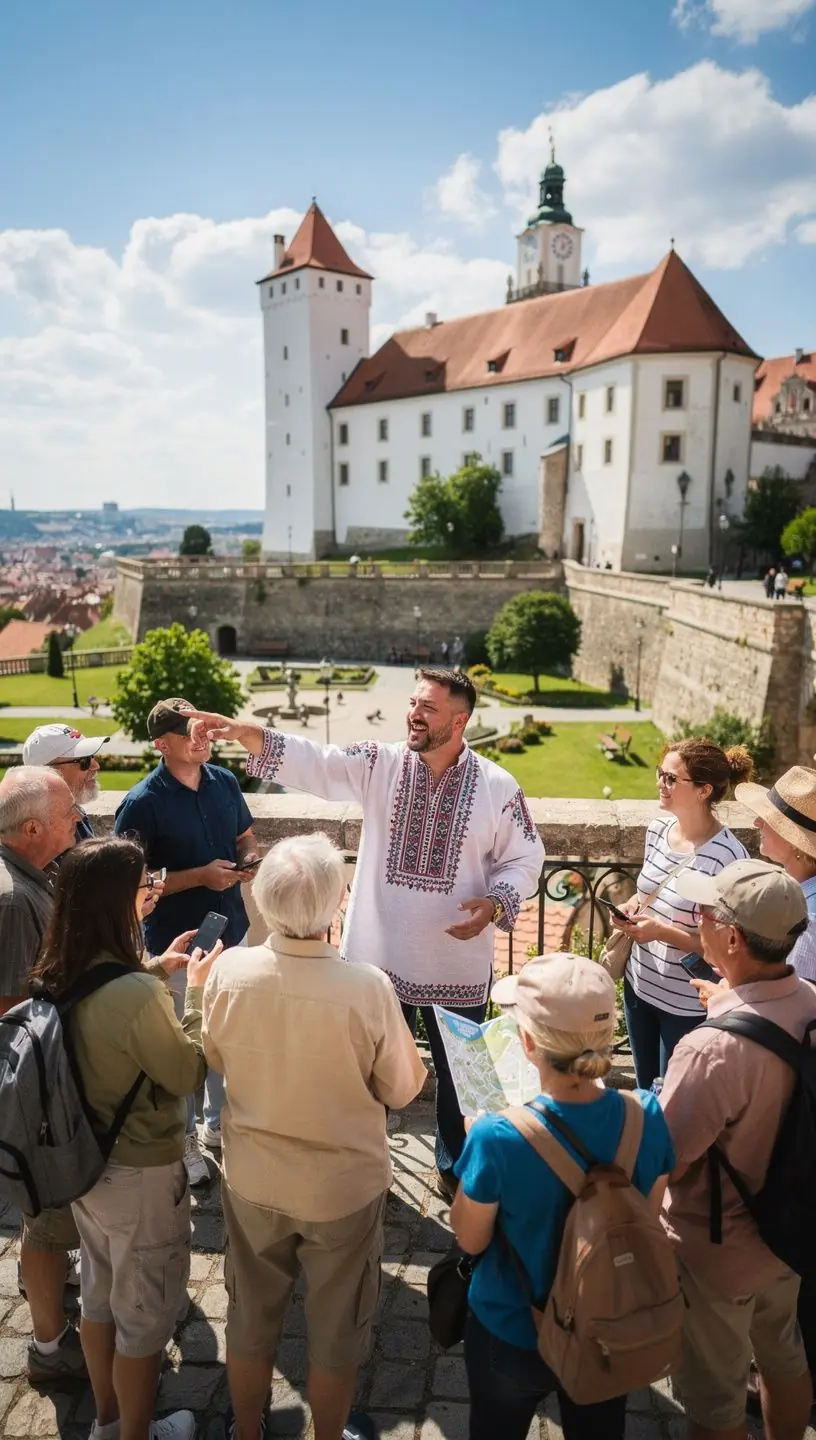 Tourists enjoying a rest stop with panoramic views of Slovak mountains during a national road trip.